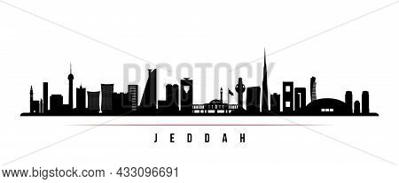 Jeddah Skyline Horizontal Banner. Black And White Silhouette Of Jeddah, Saudi Arabia. Vector Templat