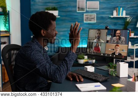 Black Student Having Online Webinar Greeting Remote Teachers Working At Marketing Project Ideas Duri