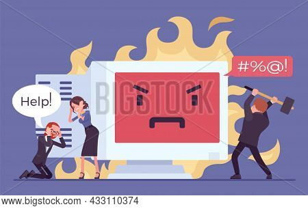 Old Pc, Computer Frustration, Error, System Problem. Frustrated Office Workers, Clerk In Panic With 