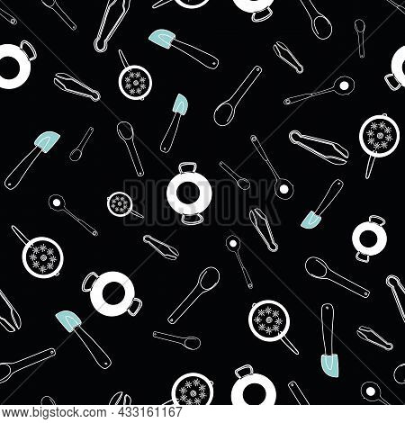 Vector Black Kitchen Utensils Doodle Background Pattern