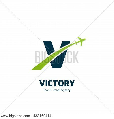 Letter V Victory Travel Tour Trips Logo, Roman Five Number With Plane Flight Swoosh Symbol Icon