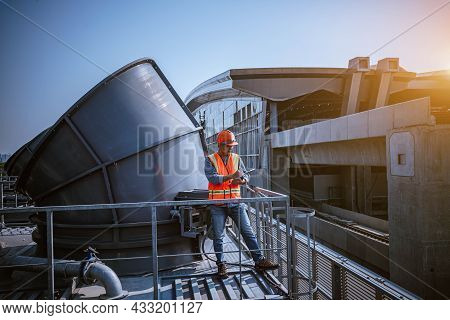 Engineer Under Checking The Industry Cooling Tower Air Conditioner Is Water Cooling Tower Air Chille