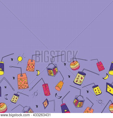Vector Horizontal Border Lantern Festival Doodle Background Pattern