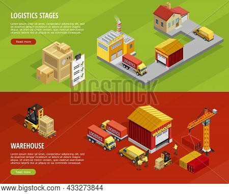 Logistics Isometric Horizontal Banners With Steps Of Delivery And Transportation Processes Vector Il