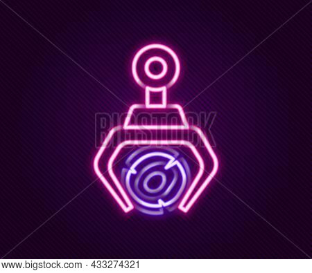 Glowing Neon Line Grapple Crane Grabbed A Log Icon Isolated On Black Background. Forest Industry. In