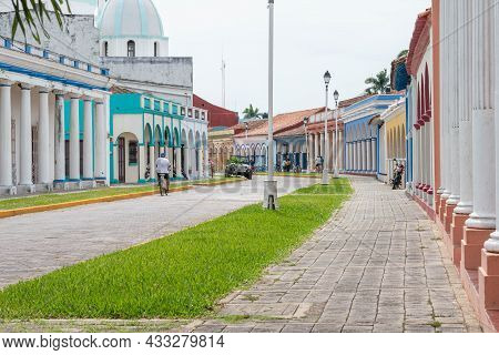 Tlacotalpan, Veracruz, Mexico- August 21, 2021: Streets Of Mexican Colonial Town Tlacotalpan Unesco 