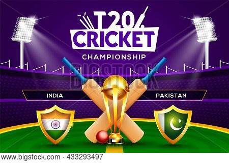 T20 Cricket Championship Concept India Vs Pakistan Match Header Or Banner With Cricket Ball, Bat And