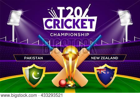 T20 Cricket Championship Concept Pakistan Vs New Zealand Match Header Or Banner With Cricket Ball, B
