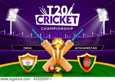 T20 Cricket Championship Concept India Vs Afghanistan Match Header Or Banner With Cricket Ball, Bat 