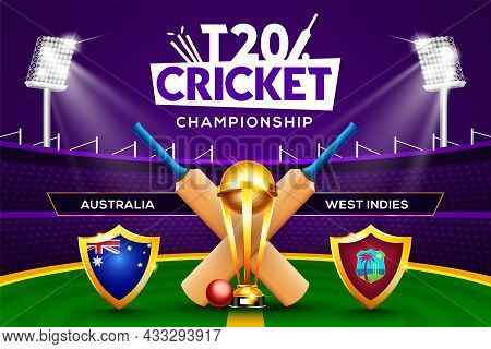 T20 Cricket Championship Concept Australia Vs West Indies Match Header Or Banner With Cricket Ball, 