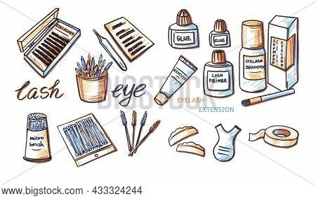 Set Felt Pen Eyelash Extension Multicilored Tool Element In The Style Of Line Art Beauty Theme On A 