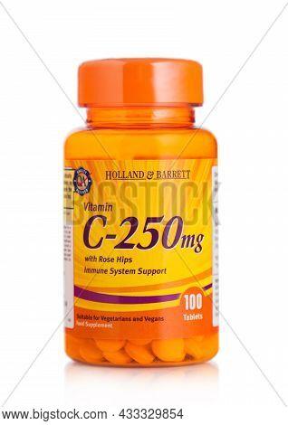 London, Uk - September 15, 2021: Plastic Container With Vitamin C Pills By Holland & Barrett On Whit
