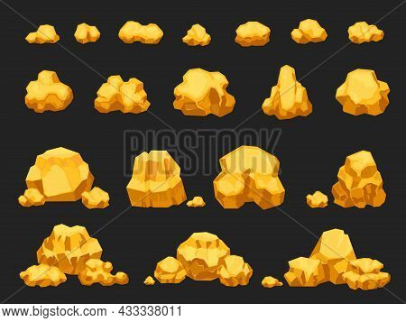 Cartoon Gold Mine Nuggets, Boulders, Stones And Piles. Natural Shiny Solid Golden Rock Heap. Jewel N