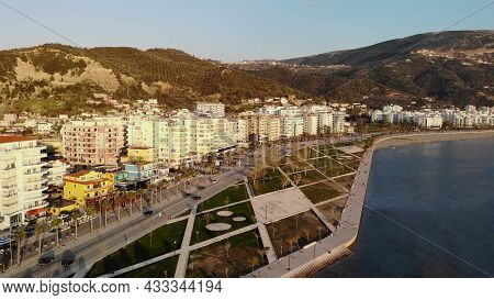 Cityscape Seen From Kuzum Baba Hill. Aerial City View, City Panorama Of Vlore City Center
