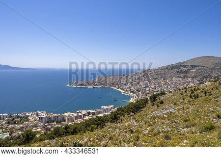 Cityscape Seen From Kuzum Baba Hill. Aerial City View, City Panorama Of Vlore City Center