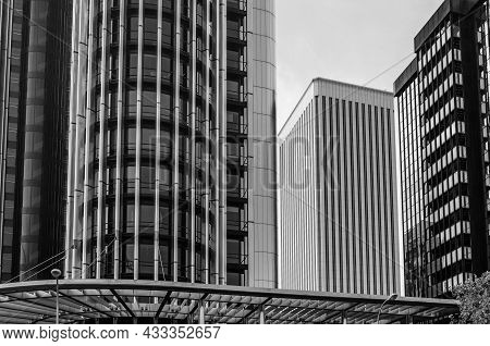 Madrid, Spain - September 13, 2021: Detail Of Europa Tower And Picasso Tower, Skyscrapers In The Azc
