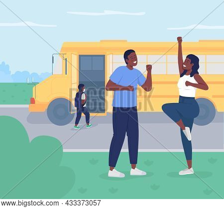 Back To School Flat Color Vector Illustration. Happy Young Parents Sending Child To Preschool. Wife 