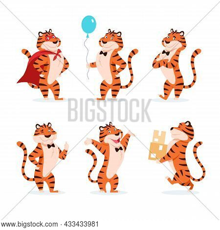 Cartoon Tigers Set. Holiday Characters For New Year 2022. Adorable Flat Chinese Symbol. Smiling Oran