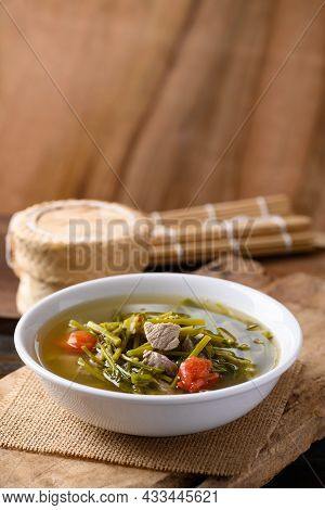 Northern Thai Food (kaeng Puk Plung), Ceylon Spinach Or Malabar Spinach Soup With Pork In A Bowl On 