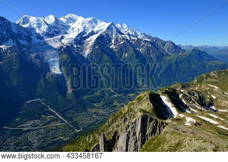 View on the mountain landscape with mount Mont Blanc from the summit of Le Brevent. French Alps, Chamonix, France.