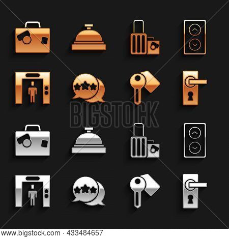 Set Five Stars Rating Review, Lift, Door Handle, Hotel Door Lock Key, Suitcase, And Service Bell Ico