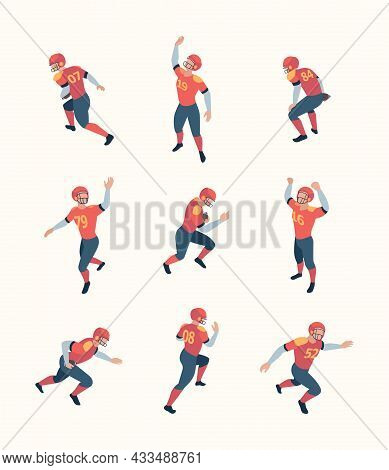 American Football Players. Isometric Persons With Ball In Dynamic Poses Sport People Playing Standin