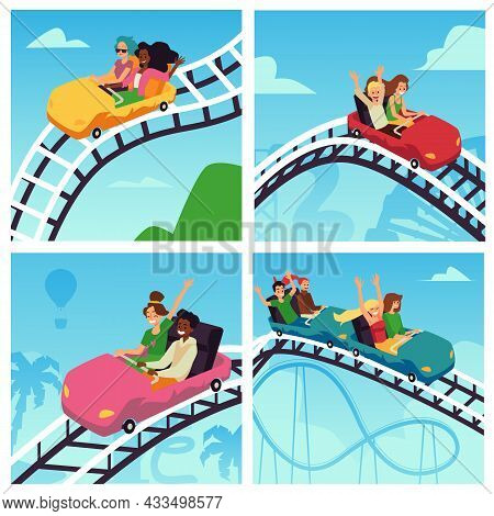 Set Of Posters With Happy People Ride On High Rollercoaster At Amusement Park.