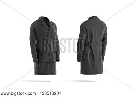 Blank Black Medical Lab Coat Mockup, Side And Back View, 3d Rendering. Empty Surgeon Or Therapist Ja