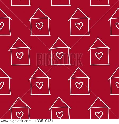 Cute Romantic Vector Seamless Pattern With Hand-drawn Houses And Hearts. It Can Be Used As Wallpaper