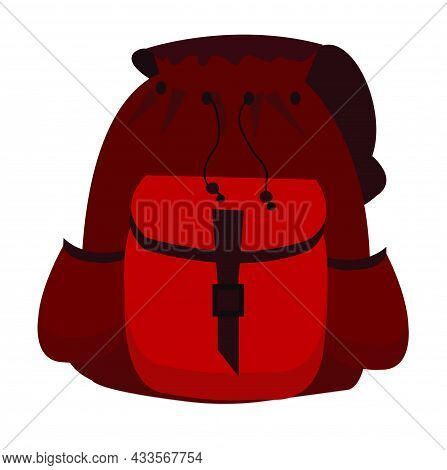 Tourist Backpack In Burgundy Color, With Corks, Drawstring And Clasp. Vector Stock Illustration Isol
