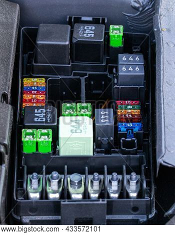 Automotive Multi-colored Fuse Box With Different Resistance, Close-up, Voltage