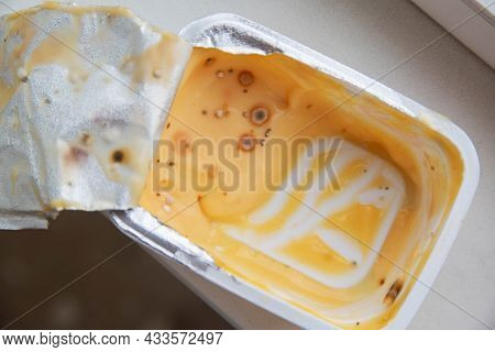 Spoiled Cheese With Mold And Mildew. Violation Of Food Storage Conditions, Shelf Life, Close-up
