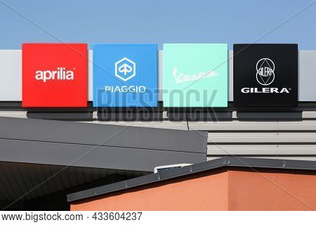 Gleize, France - June 14, 2020: Facade Of A Dealership With Different Scooters And Motorcycles Brand