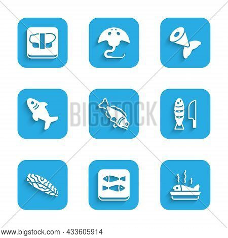 Set Fish, Canned Fish, Served On Plate, With Sliced Pieces, Steak, Shark, Tail And Sushi Cutting Boa