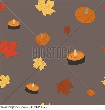 Seamless Pattern About Autumn With Leaves, Pumpkins And Candles