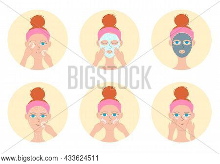 Girl Care Her Face With Various Actions. Different Skincare Steps. Vector Illustration Set.