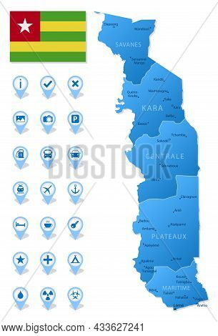 Blue Map Of Togo Administrative Divisions With Travel Infographic Icons. Vector Illustration