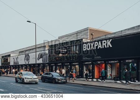 London, Uk - September 03, 2021: People And Cars Outside Boxpark Shoreditch, London, Shipping Contai