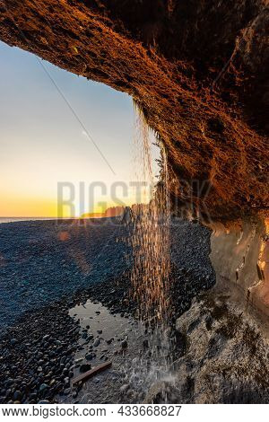 Unique Rock Formation At Sandcut Beach On The West Coast Of Pacific Ocean. Summer Sunny Sunset. Cana