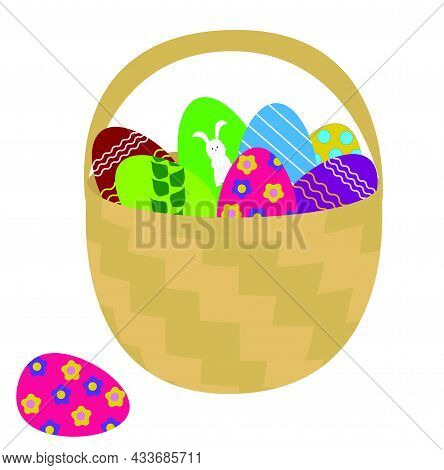 Wicker Basket, Empty, Yellow. Cartoon Style. Vector Stock Illustration Isolated On White Background.