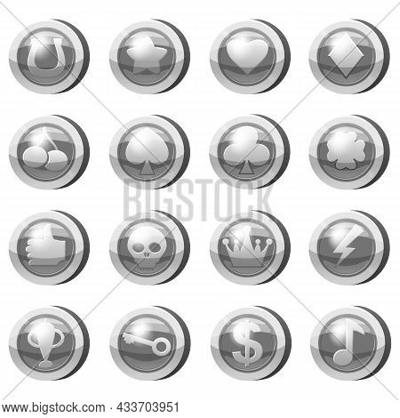 Set Of Silver Coins For Game Apps. Silver Icons Star, Heart, Clubs Hearts, Tambourine, Spades, Clove