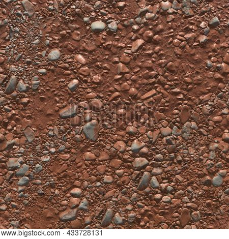 River Pebbles In Dry Mud. A Dried-up Streambed, Stones Of Different Sizes And Dry Clay. Background O