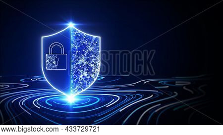 Technology Cybersecurity Protection Concept. There Is A Shield On The Left. On The Right There Is An