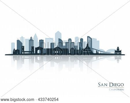 San Diego Skyline Silhouette With Reflection. Landscape San Diego, California. Vector Illustration.