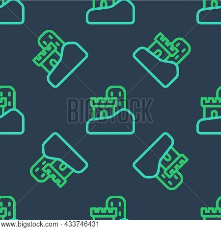 Line Sand Castle Icon Isolated Seamless Pattern On Blue Background. Vector
