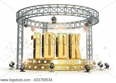 100k followers celebration. Number 100k on the stage with spotlight and confetti. 3d illustration 
