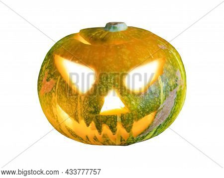 Carved Pumpkinhead Is A Halloween Holiday Symbol Isolated On White. Jack Of The Lantern Made By Hand