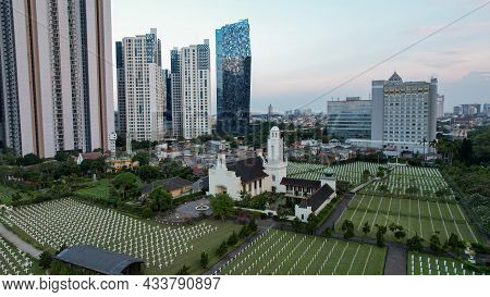 Aerial View Of Dutch War Graveyard With Wooden Crosses At Ereveld Menteng Pulo In Jakarta. Jakarta,