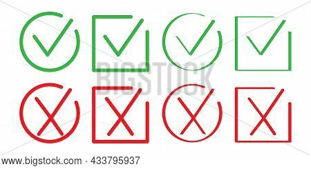 Cross Mark Icon Set. Circle, Square Frames. Red And Green Signs. Checklist Concept. Vector Illustrat