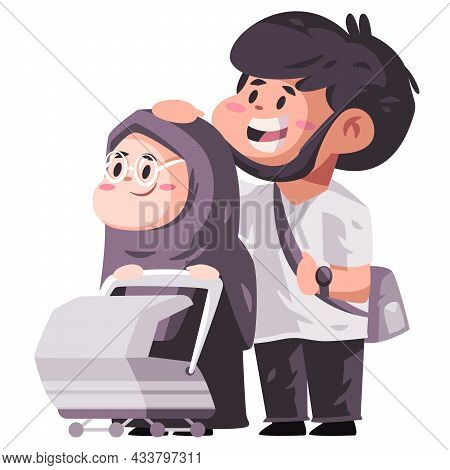 Muslim Islam Couple Family With Hijab Hold Bring Their Baby In Stroller Fun Happy Family New Born